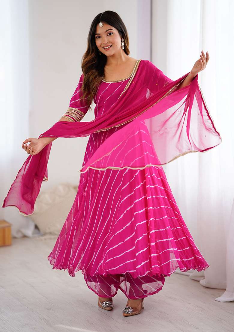 Purple Leheriya chiffon Anarkali With Dupatta - Indya