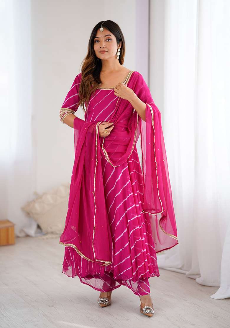 Purple Leheriya chiffon Anarkali With Dupatta - Indya