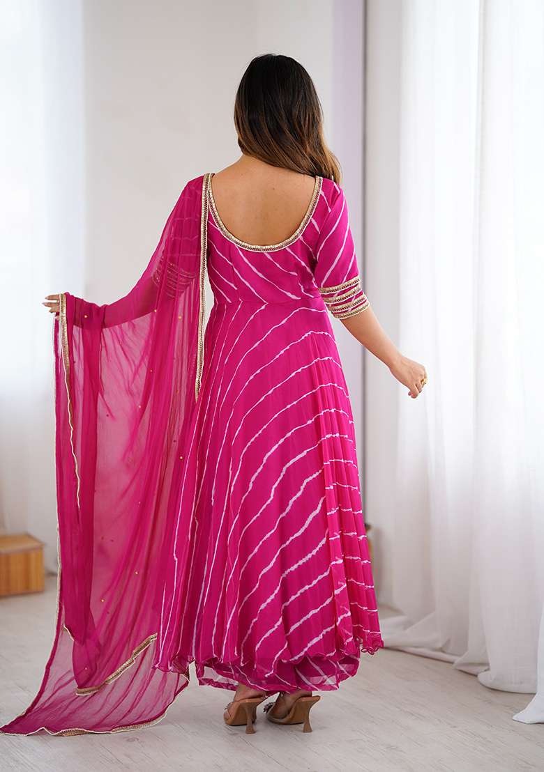 Purple Leheriya chiffon Anarkali With Dupatta - Indya