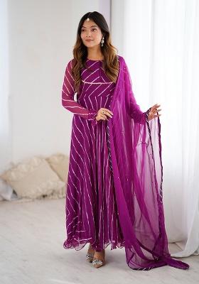 Wine Leheriya chiffon Anarkali With Dupatta