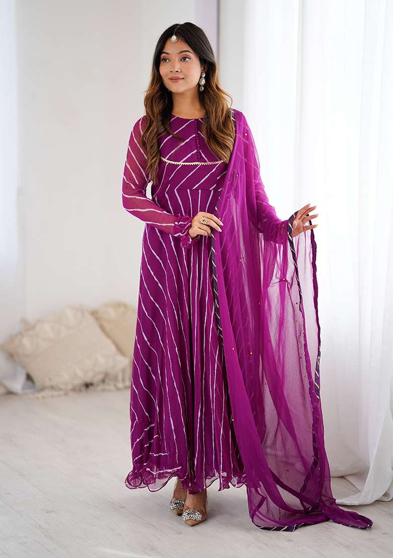 Wine Leheriya chiffon Anarkali With Dupatta - Indya