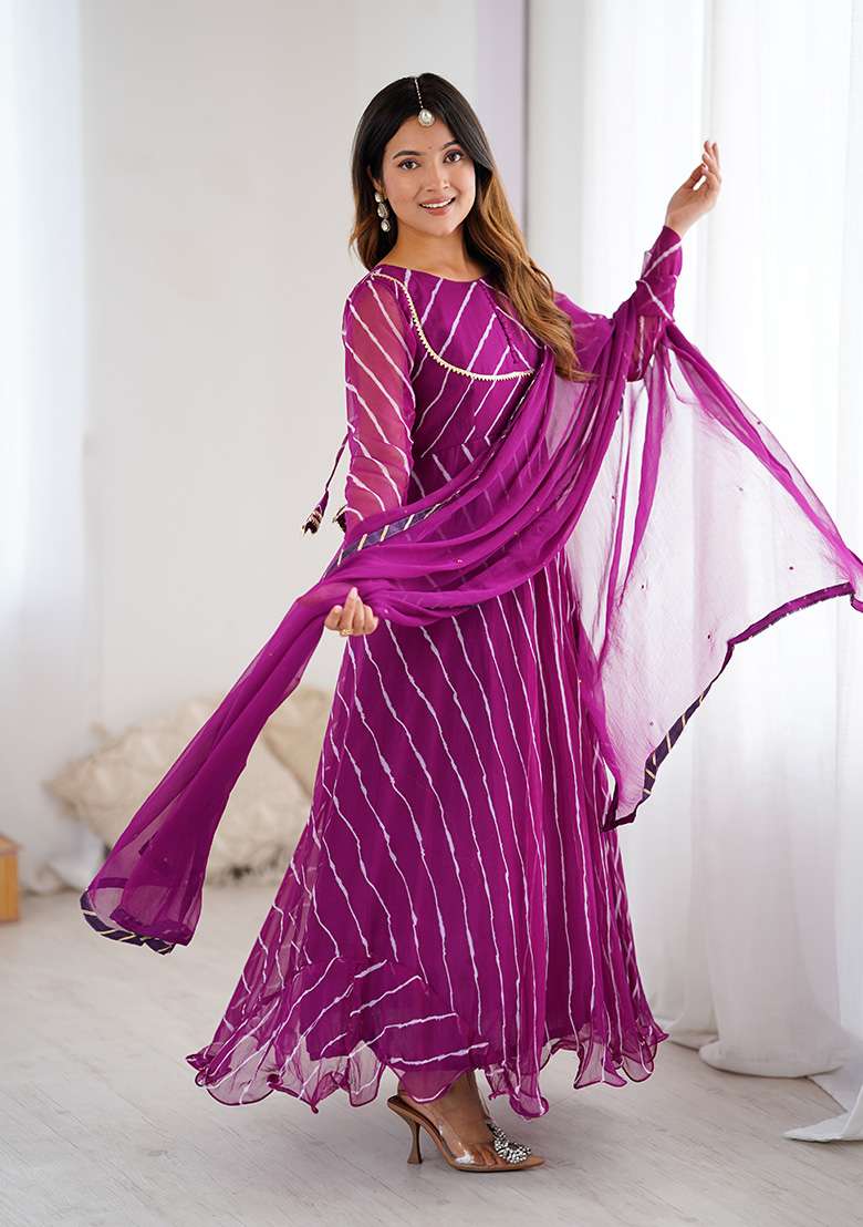 Wine Leheriya chiffon Anarkali With Dupatta - Indya