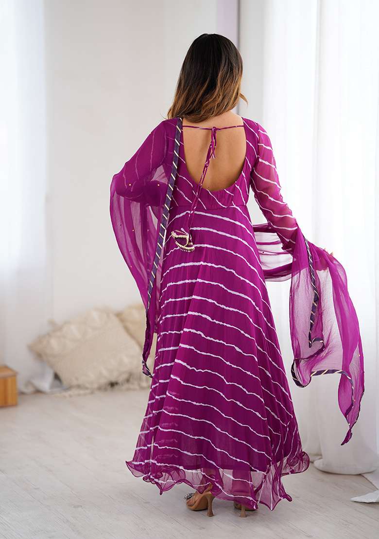 Wine Leheriya chiffon Anarkali With Dupatta - Indya