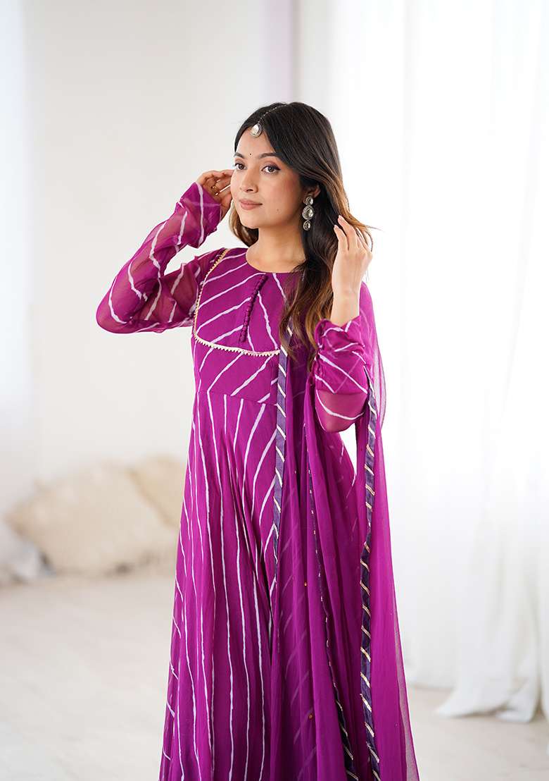 Wine Leheriya chiffon Anarkali With Dupatta - Indya