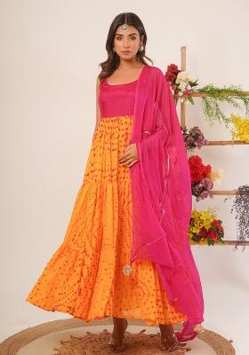 Yellow Magenta Bandhani Silk Anarkali With Dupatta