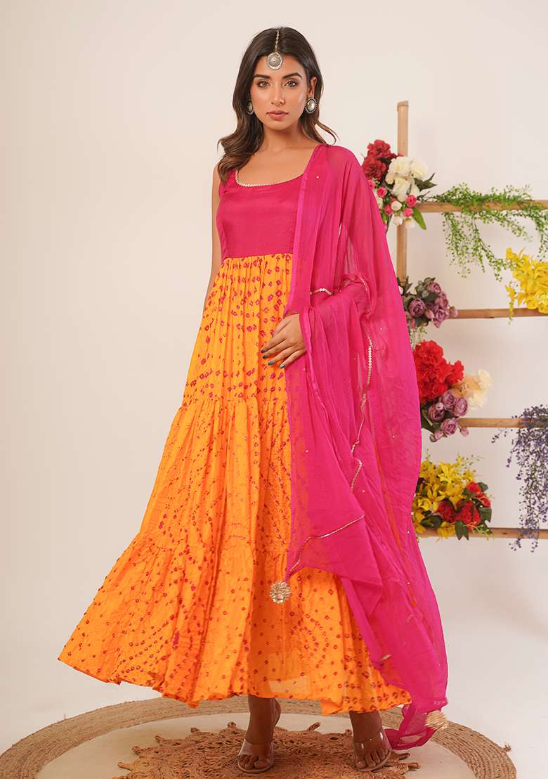 Yellow Magenta Bandhani Silk Anarkali With Dupatta - Indya