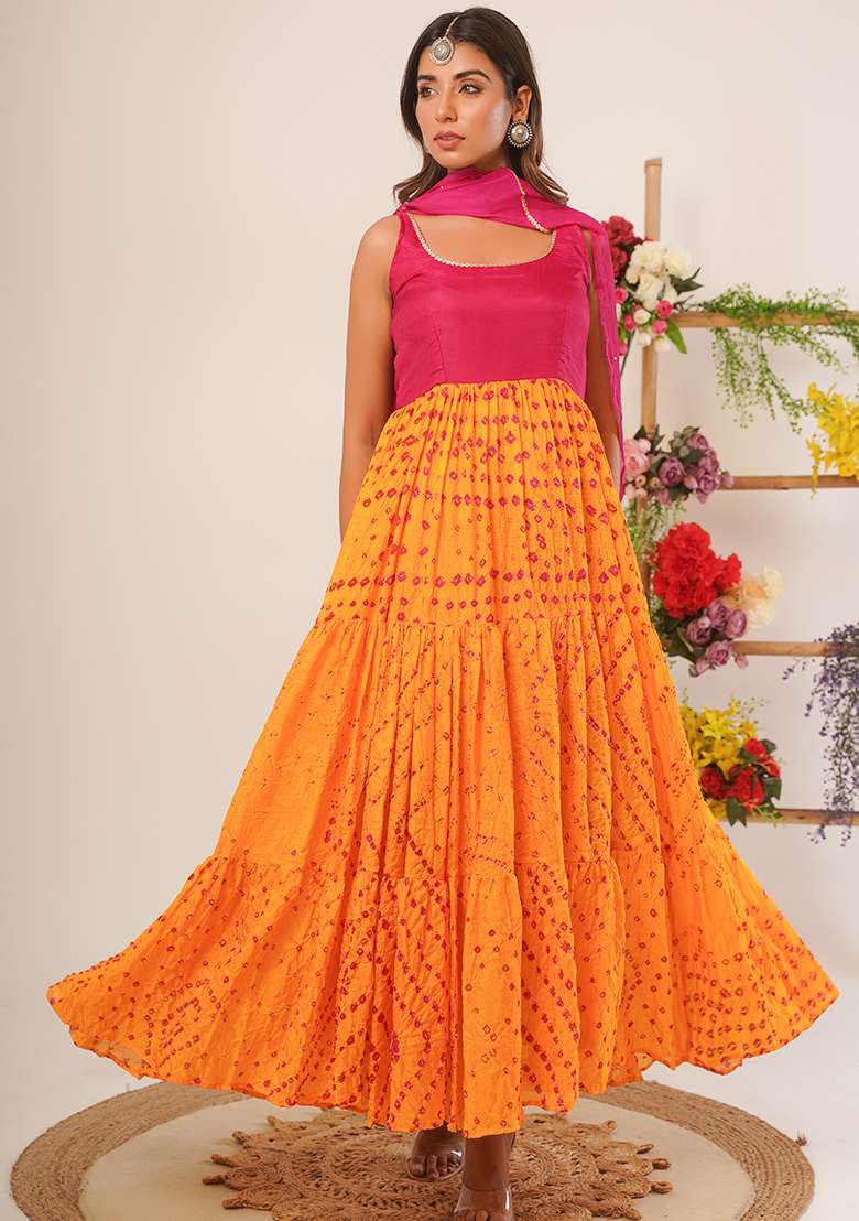 Yellow Magenta Bandhani Silk Anarkali With Dupatta - Indya