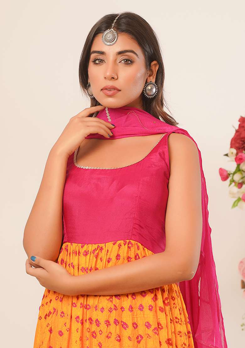Yellow Magenta Bandhani Silk Anarkali With Dupatta - Indya