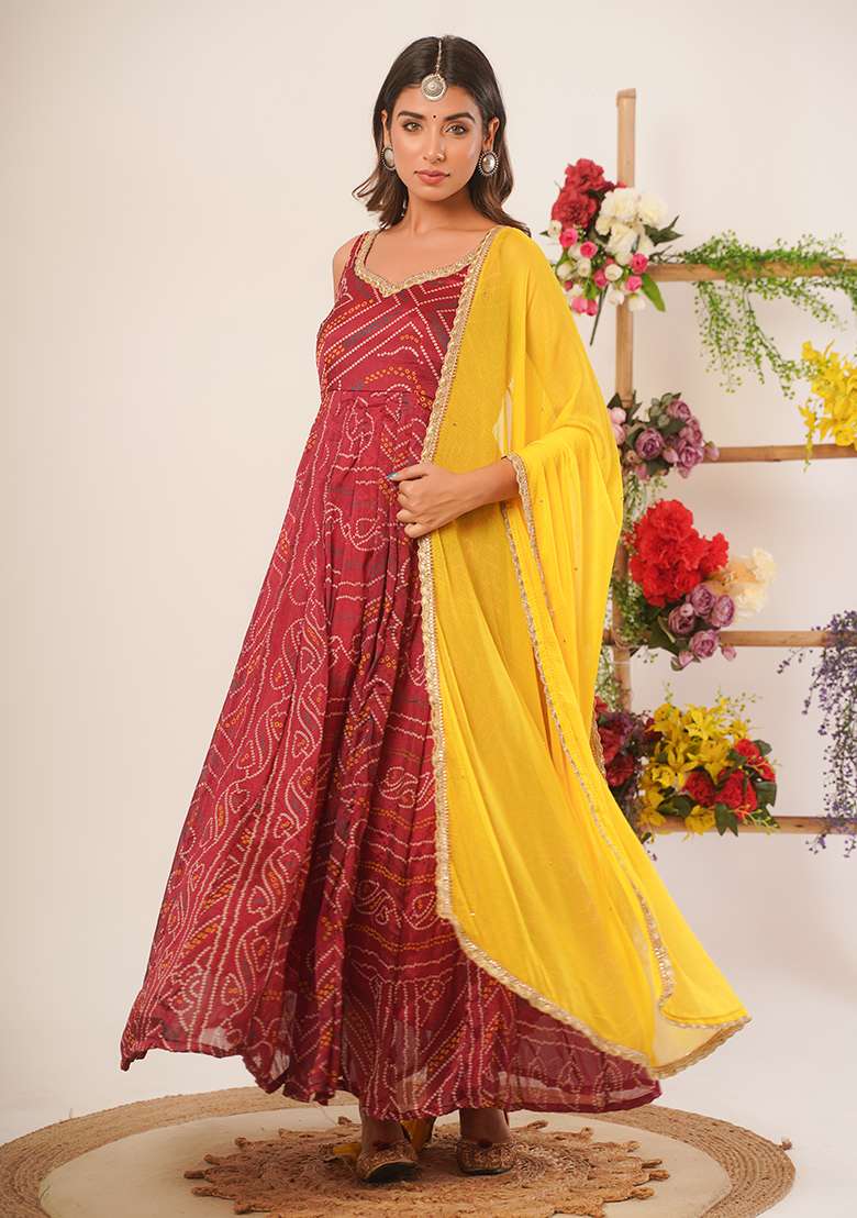Maroon Red Bandhani Silk Blend Anarkali With Dupatta - Indya