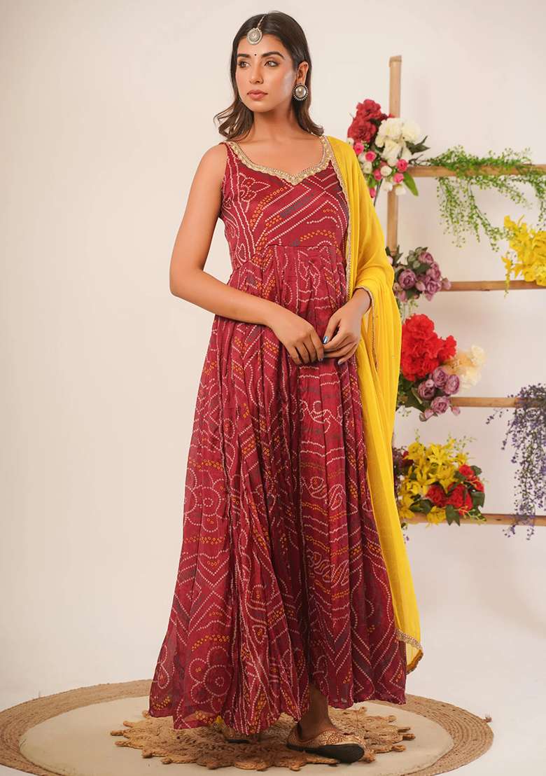 Maroon Red Bandhani Silk Blend Anarkali With Dupatta - Indya