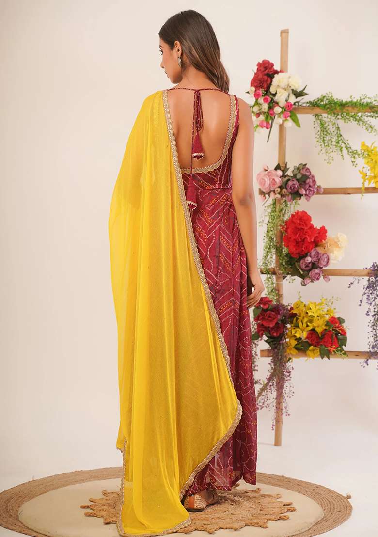 Maroon Red Bandhani Silk Blend Anarkali With Dupatta - Indya