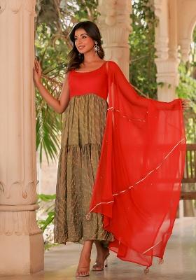 Red Bandhani Silk Anarkali With Dupatta