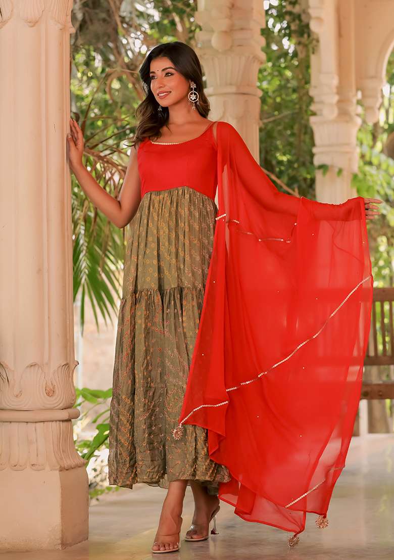 Red Bandhani Silk Blend Anarkali With Dupatta - Indya