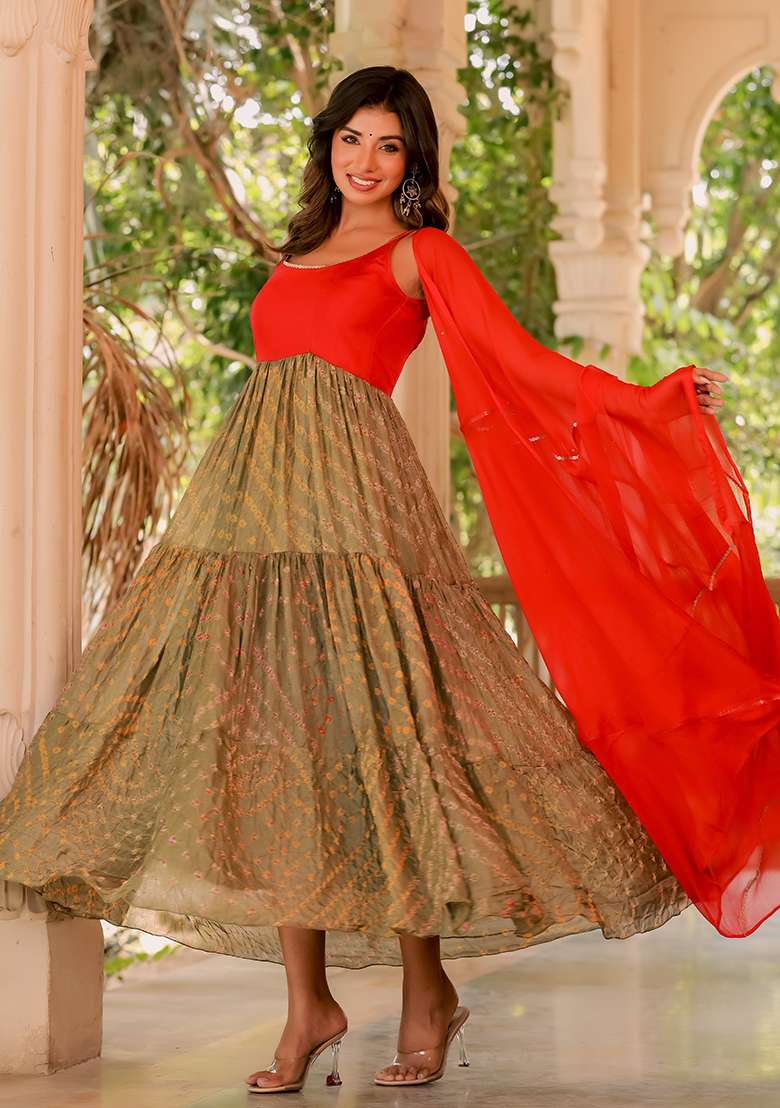Red Bandhani Silk Blend Anarkali With Dupatta - Indya