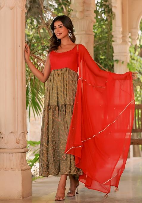 Red Bandhani Silk Anarkali With Dupatta