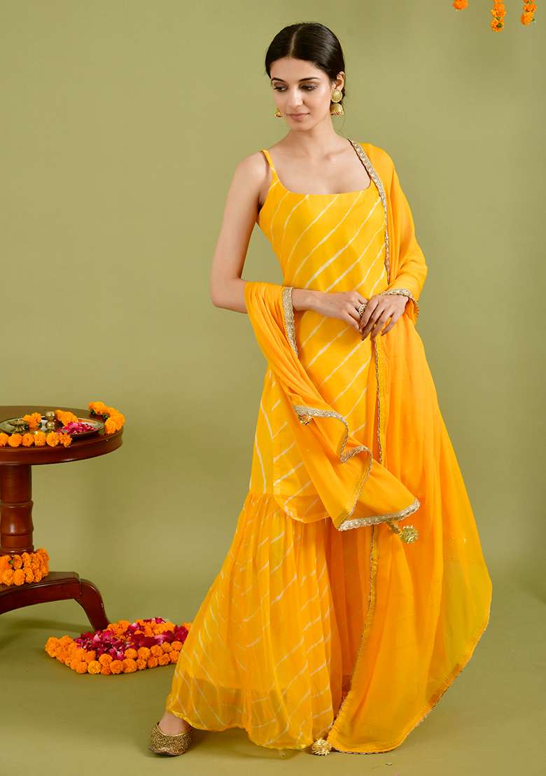 Yellow Leheriya chiffon Sharara Kurta Set - Indya
