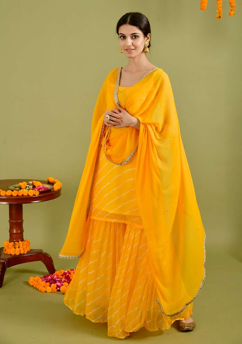 Yellow Leheriya chiffon Sharara Kurta Set - Indya
