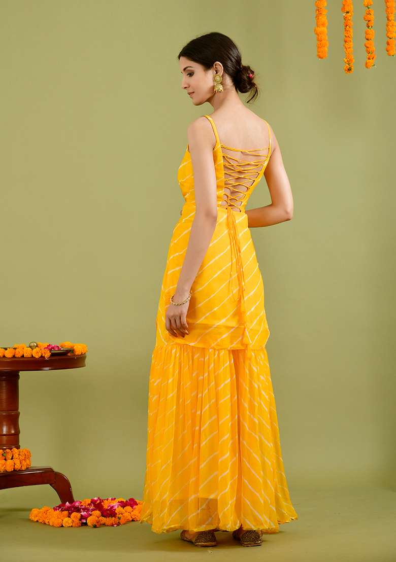 Yellow Leheriya chiffon Sharara Kurta Set - Indya