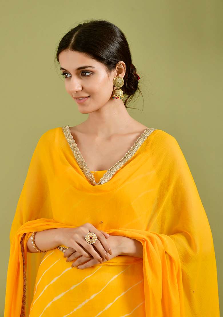 Yellow Leheriya chiffon Sharara Kurta Set - Indya