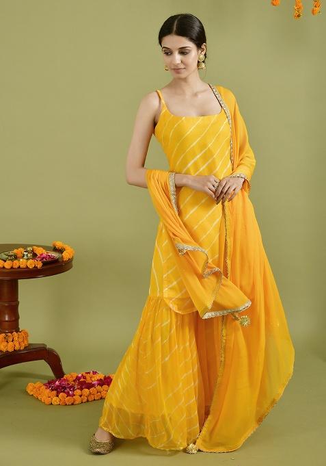 Yellow Leheriya chiffon Sharara Kurta Set