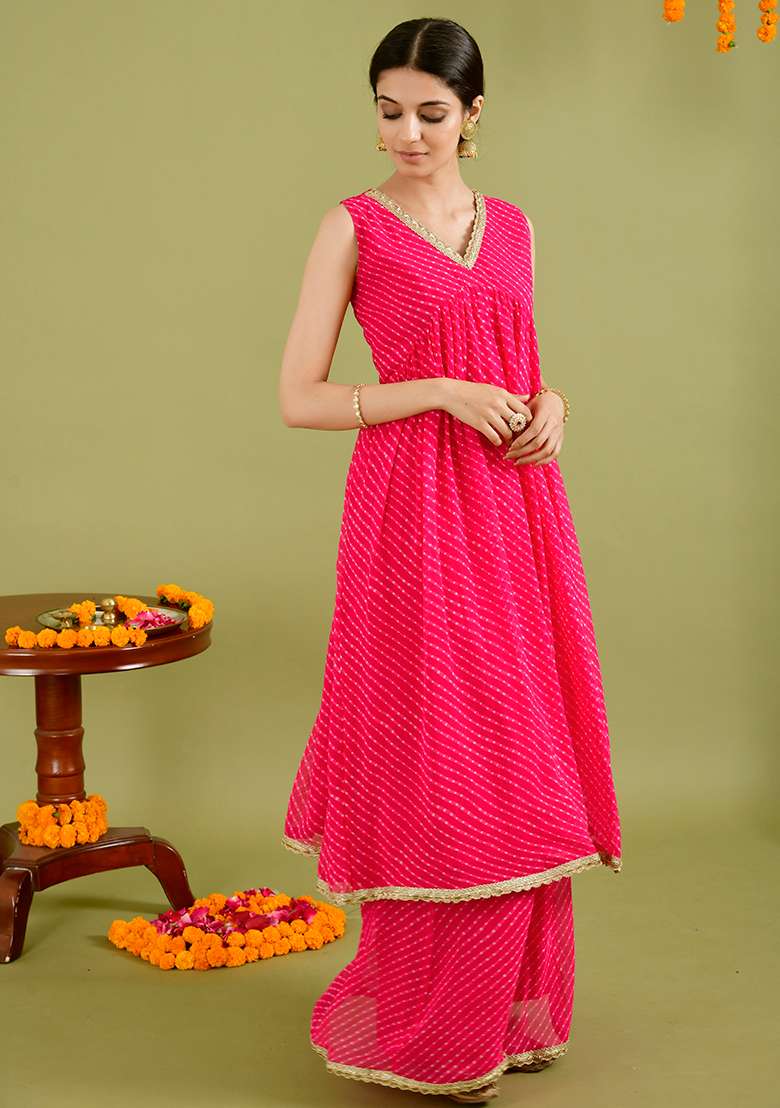 Magenta Bandhani Georgette Sharara Set - Indya