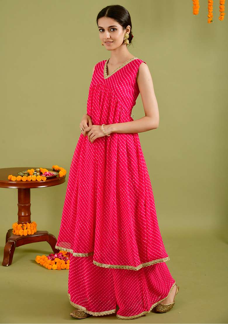 Magenta Bandhani Georgette Sharara Set - Indya