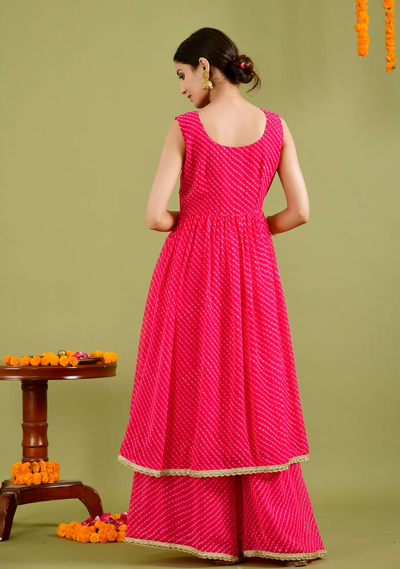 Magenta Bandhani Georgette Sharara Set - Indya