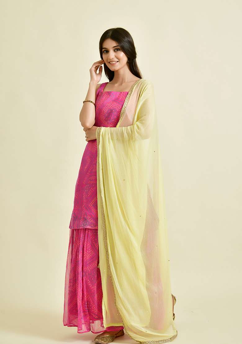 Pink Bandhani Chiffon Sharara Set - Indya