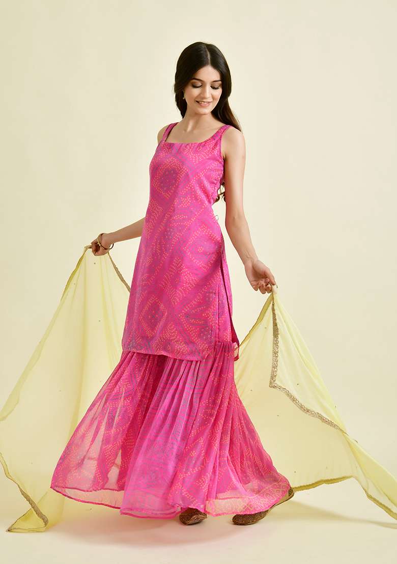 Pink Bandhani Chiffon Sharara Set - Indya