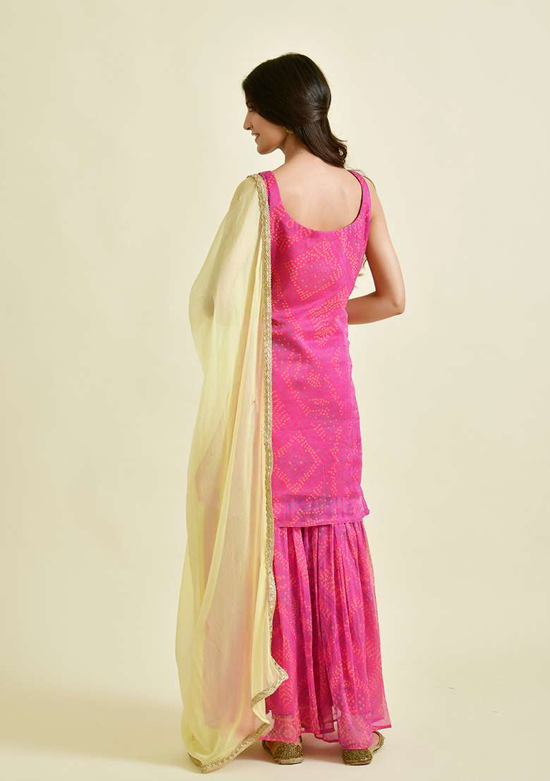 Pink Bandhani Chiffon Sharara Set - Indya