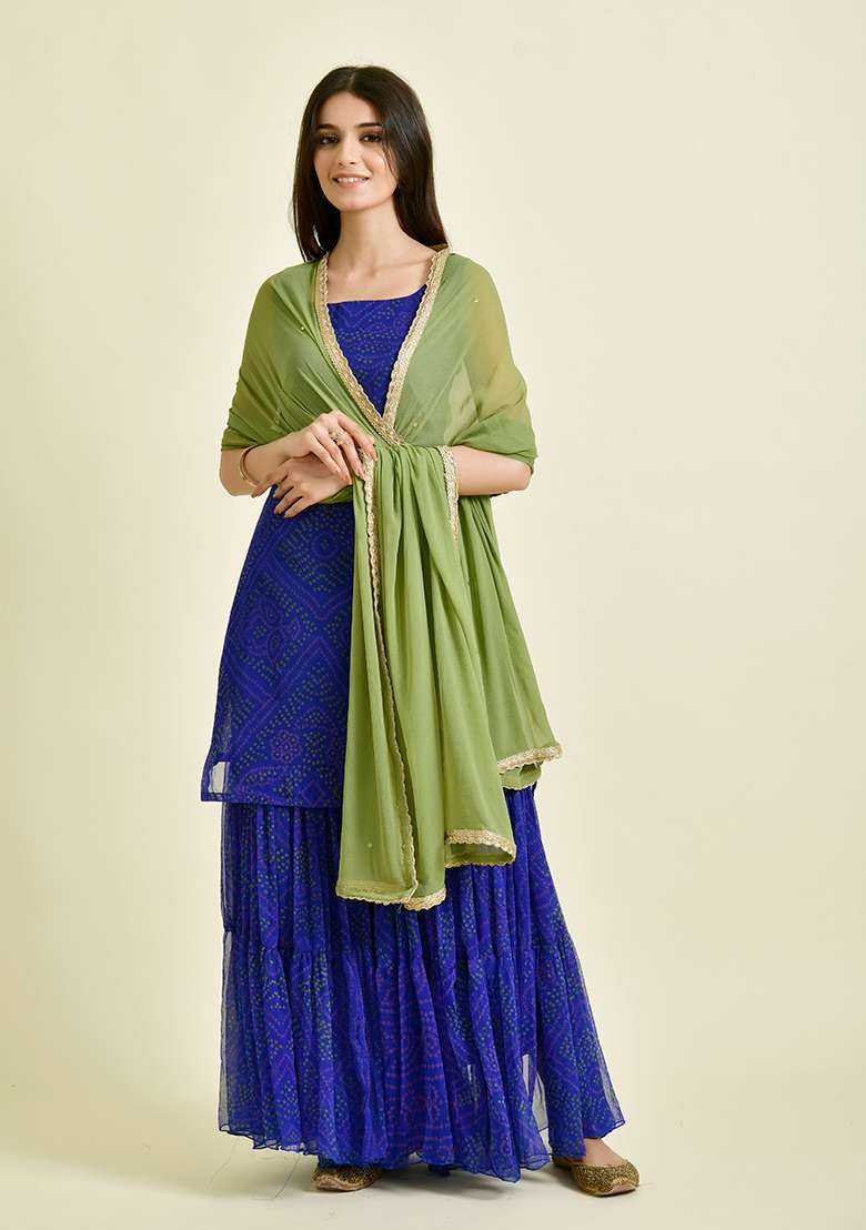 Blue Bandhani Chiffon Sharara Set - Indya