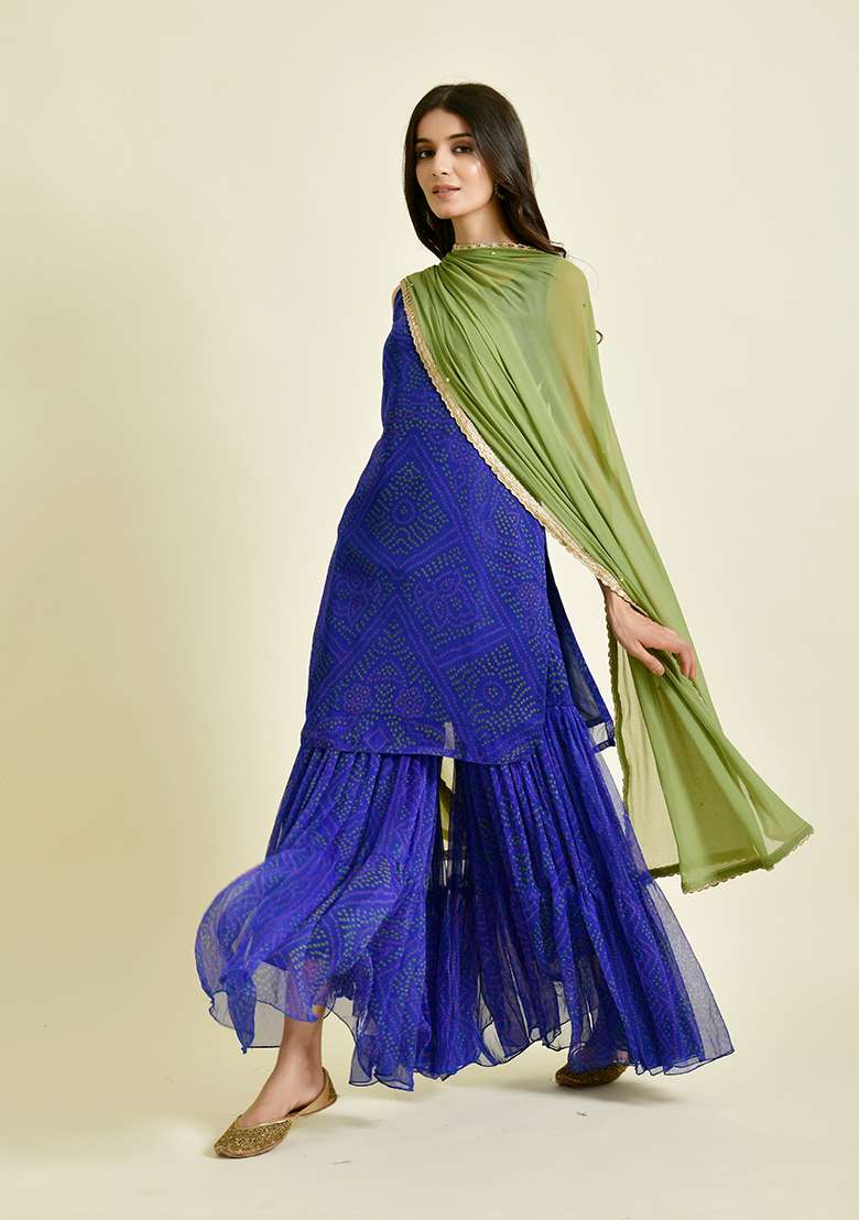 Blue Bandhani Chiffon Sharara Set - Indya