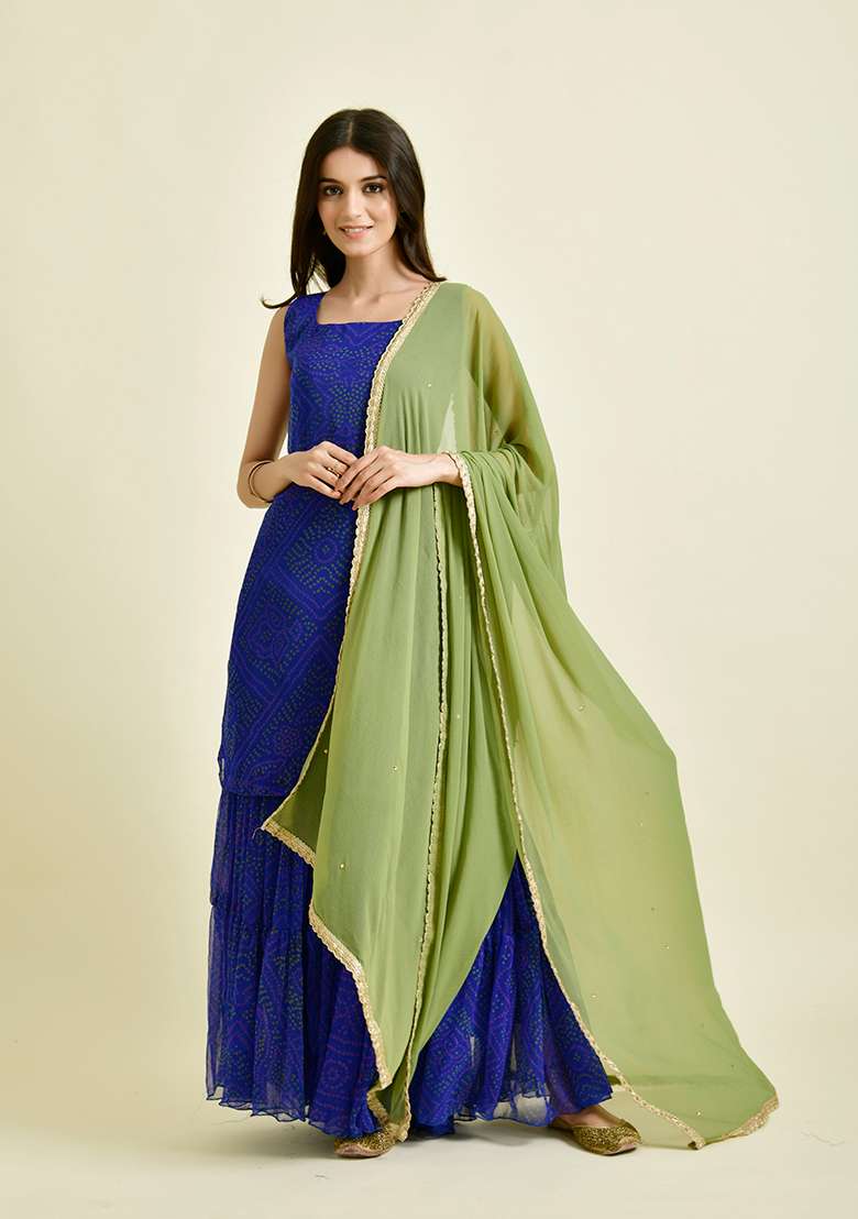 Blue Bandhani Chiffon Sharara Set - Indya