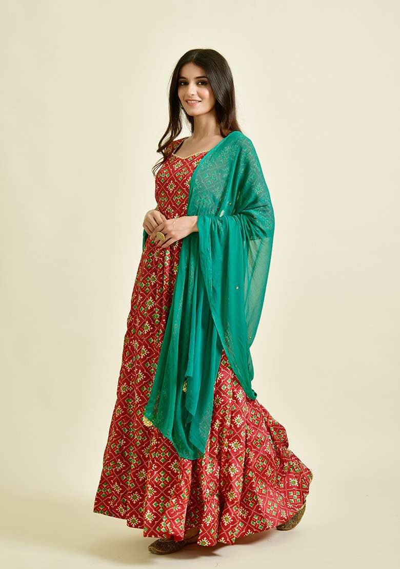 Red Bandhani Silk Blend Anarkali With Dupatta - Indya
