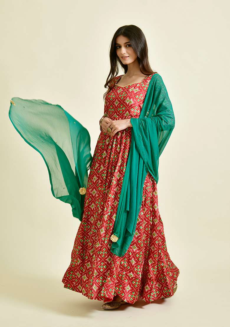 Red Bandhani Silk Blend Anarkali With Dupatta - Indya