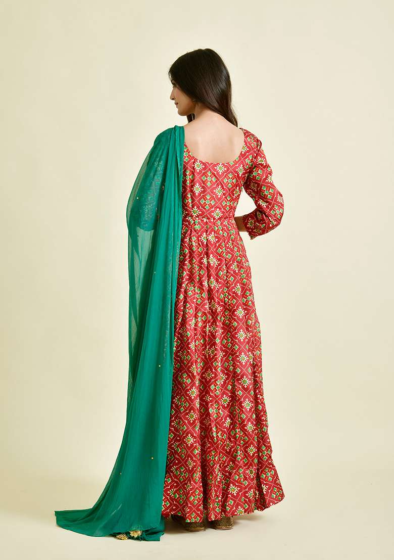 Red Bandhani Silk Blend Anarkali With Dupatta - Indya