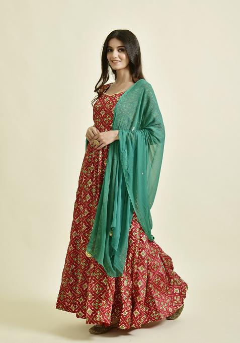 Red Bandhani Silk Anarkali With Dupatta