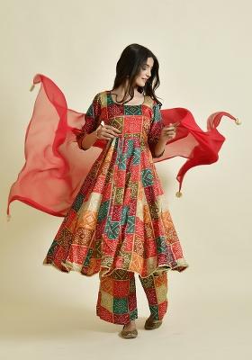 Red Bandhani Silk Anarkali With Dupatta