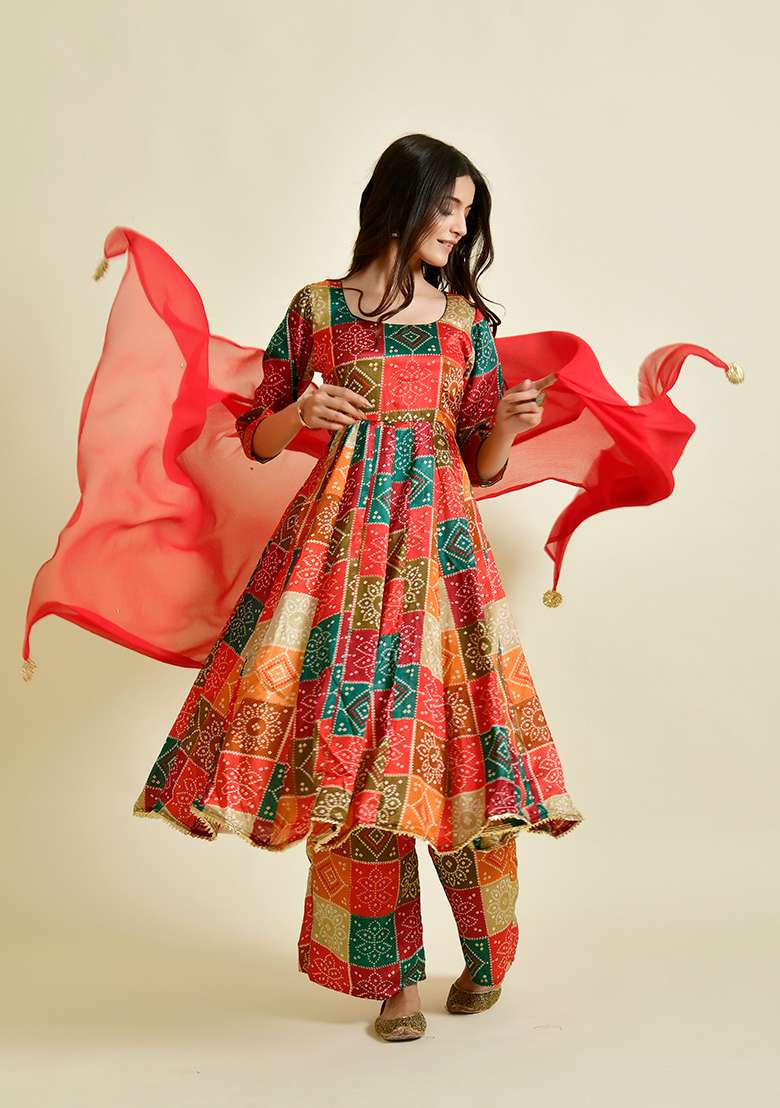 Red Bandhani Silk Anarkali With Dupatta - Indya