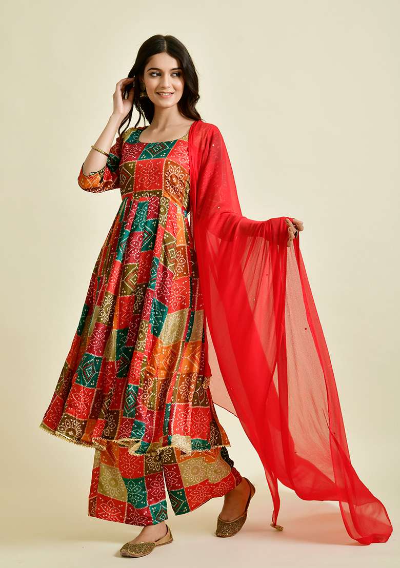 Red Bandhani Silk Anarkali With Dupatta - Indya