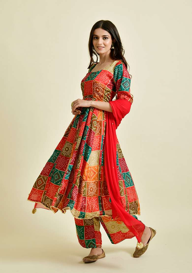 Red Bandhani Silk Anarkali With Dupatta - Indya