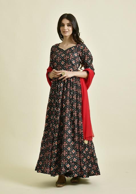 Black Bandhani Silk Anarkali With Dupatta
