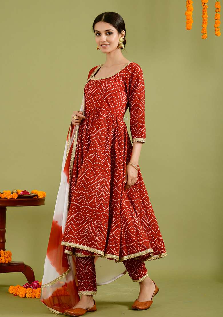 Red Bandhani Cotton Anarkali With Dupatta - Indya