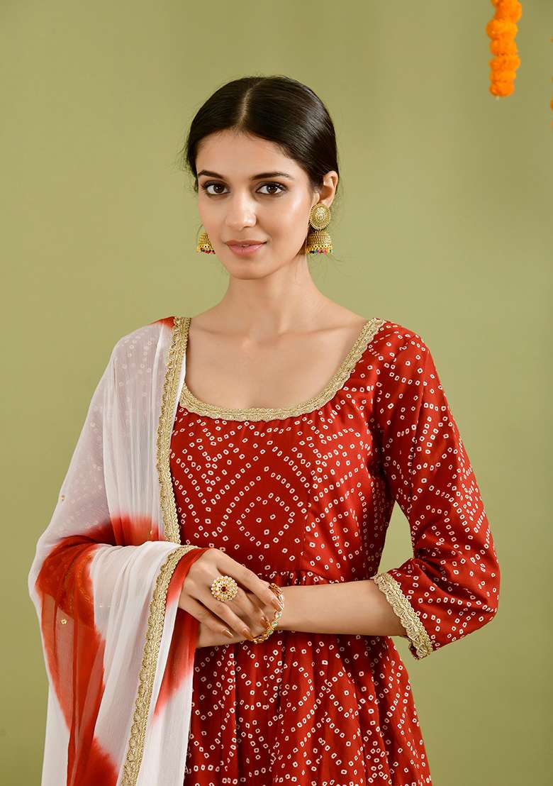 Red Bandhani Cotton Anarkali With Dupatta - Indya
