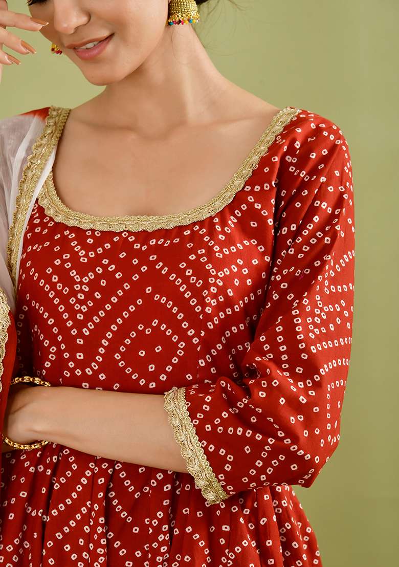 Red Bandhani Cotton Anarkali With Dupatta - Indya