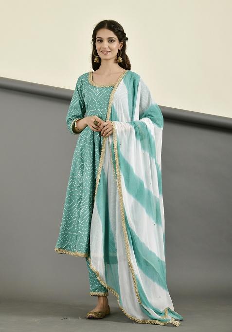 Green Bandhej Cotton Anarkali With Dupatta