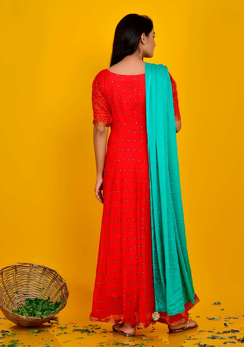 Red Bandhani Cotton Anarkali With Dupatta - Indya