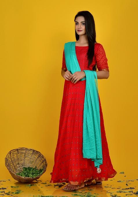Red Bandhani Cotton Anarkali With Dupatta