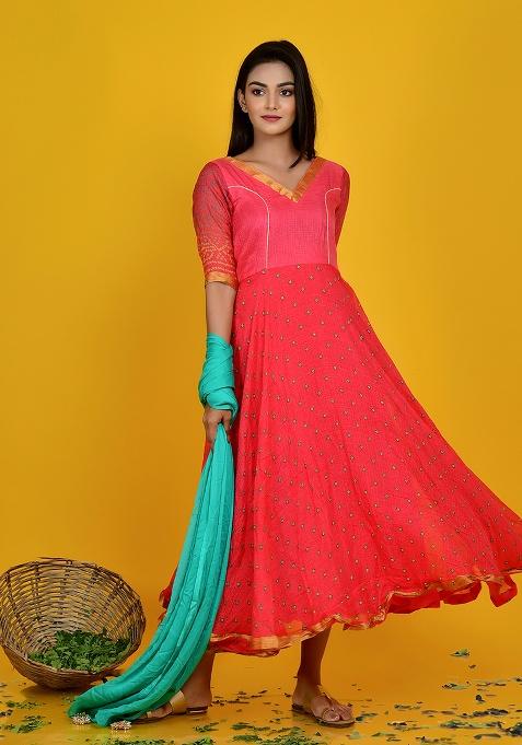 Crimson Red Bandhani Cotton Anarkali With Dupatta