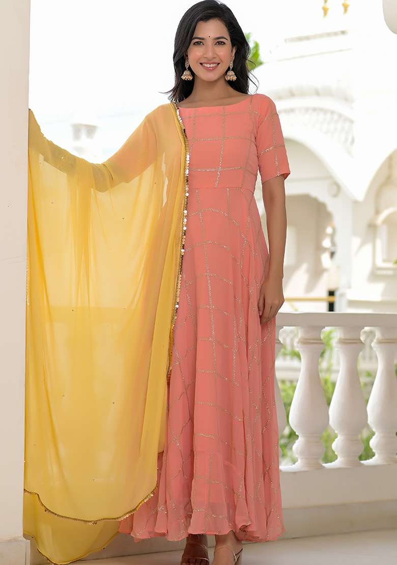 Peach Sequins Cotton Anarkali With Dupatta - Indya